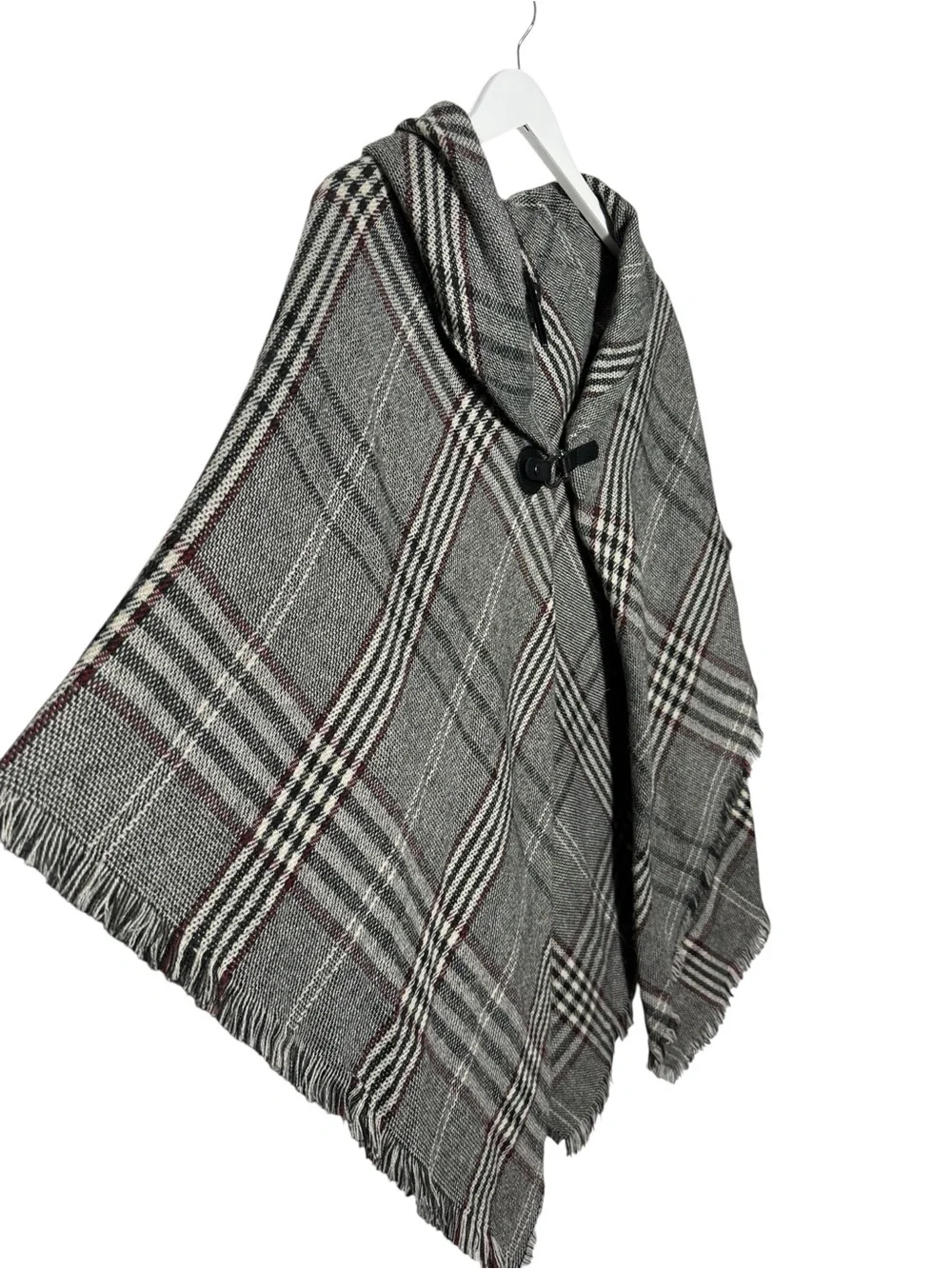 Modena Plaid Poncho Cape Shawl Fringe Cowl Neck Toggle Closure Gray One Size